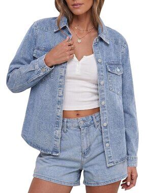 Women's Coby Blue Denim Trendy Long Sleeve Distressed Jean Button Down Jacket